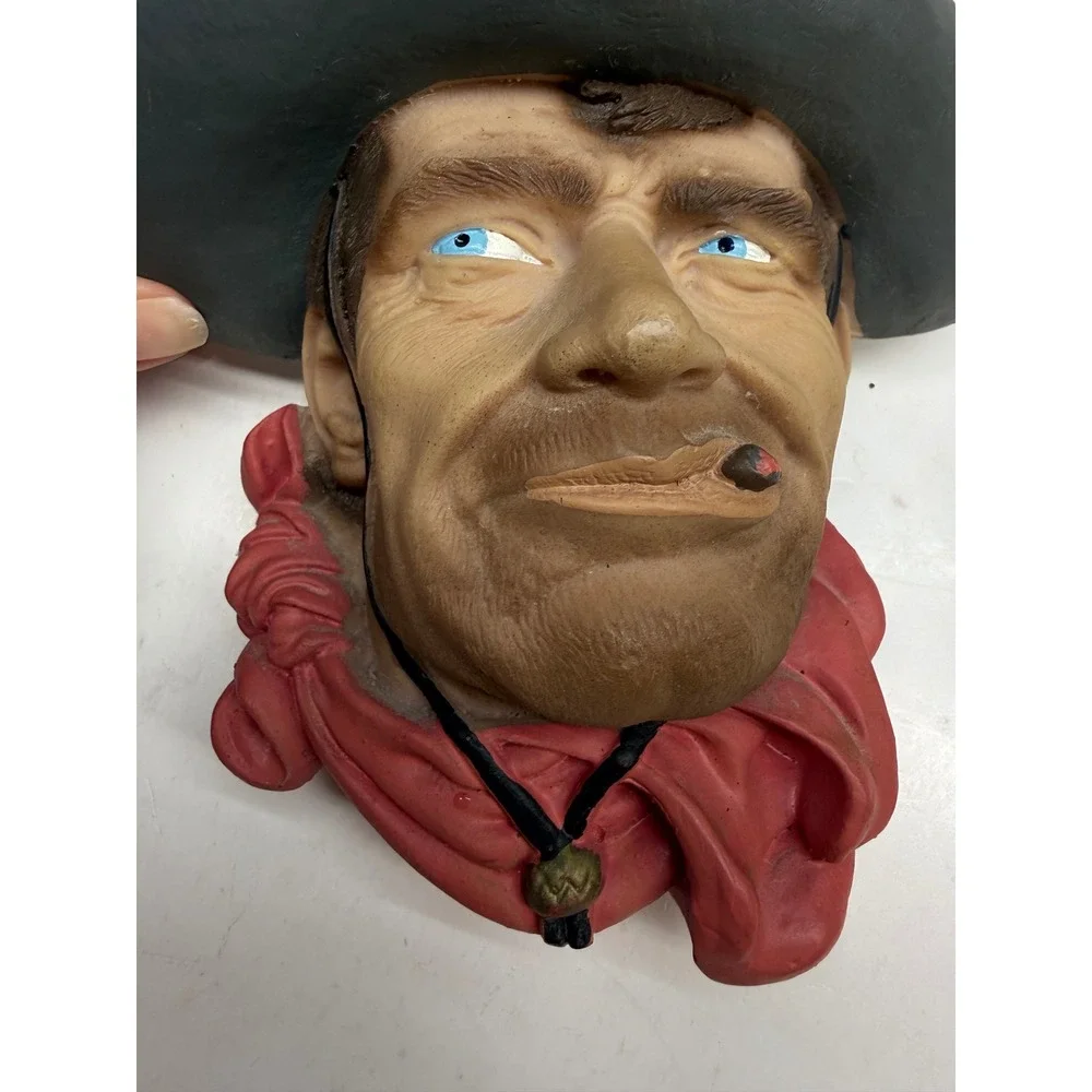 Vintage Cowboy Wall Bust Western Outlaw Decor Chalkware Plaque Cigar Bandana